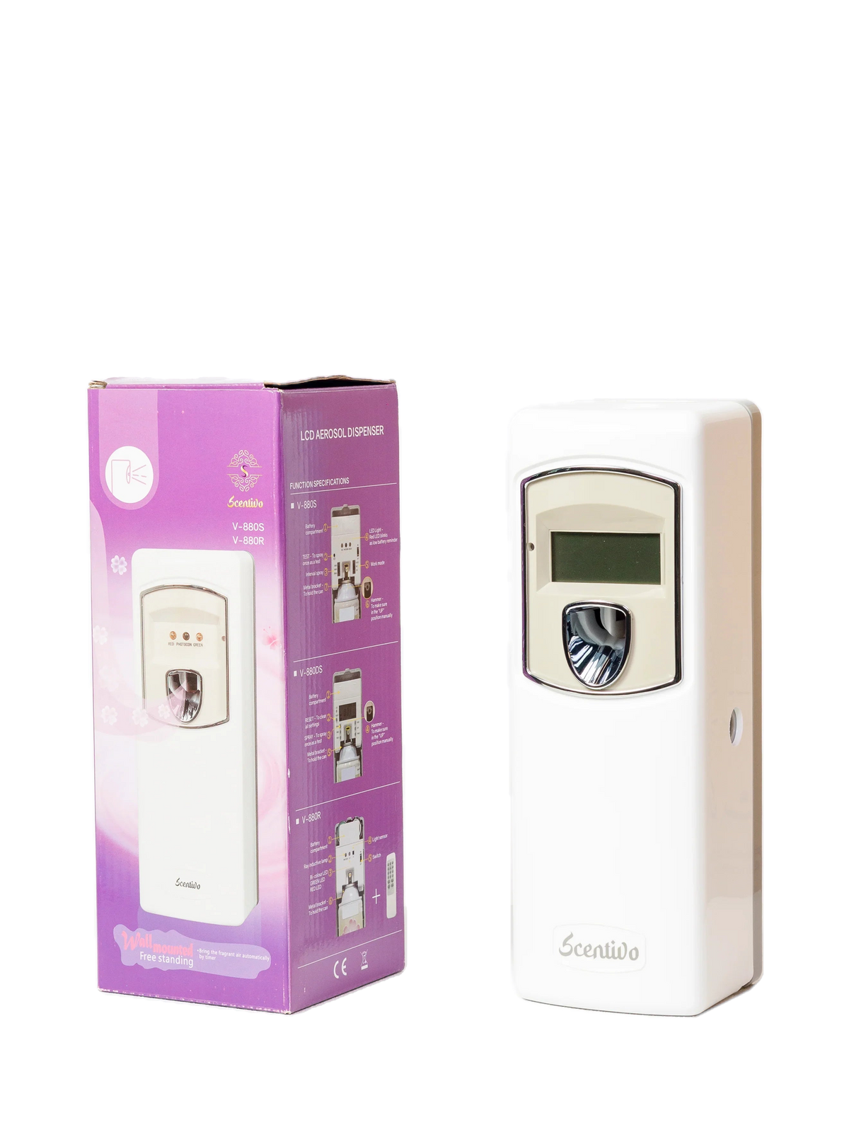 Scentivo LCD aerosol dispenser, white, and box, angled view