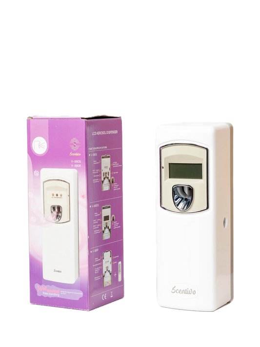 Scentivo LCD aerosol dispenser, white, and box, angled view
