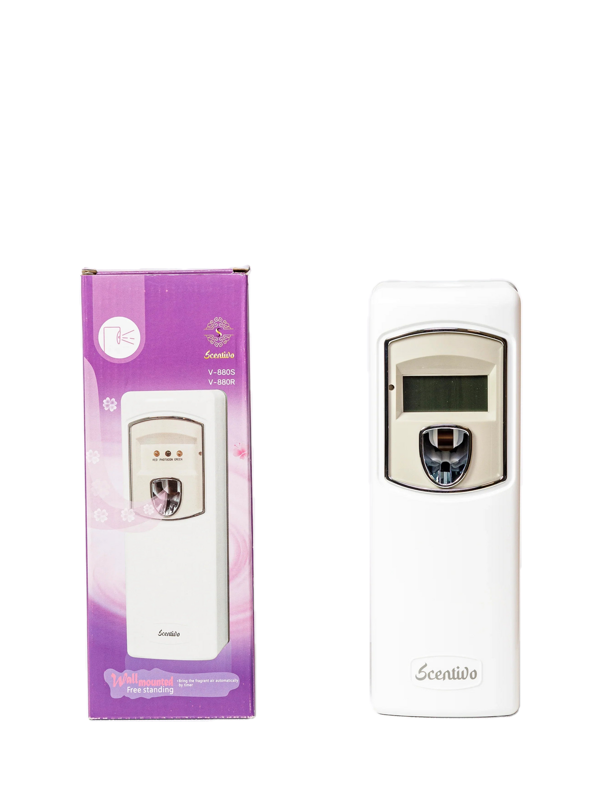Scentivo LCD aerosol dispenser, white, with its box