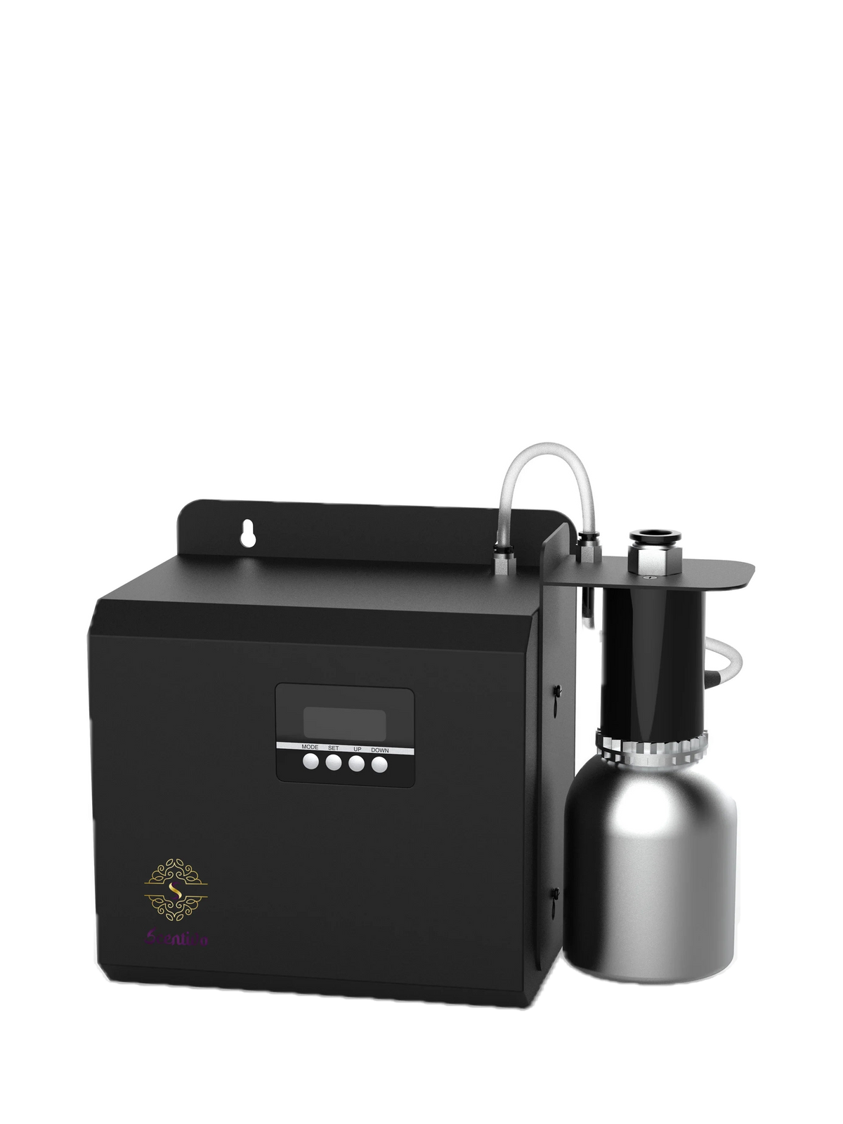 Scentivo PUREVENT 1010 HVAC scent diffuser with oil bottle, angled view
