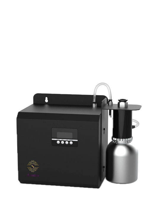 Scentivo PUREVENT 1010 HVAC scent diffuser with oil bottle, angled view