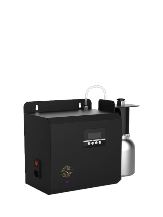 Scentivo PUREVENT 1010 HVAC scent diffuser with oil bottle, front view